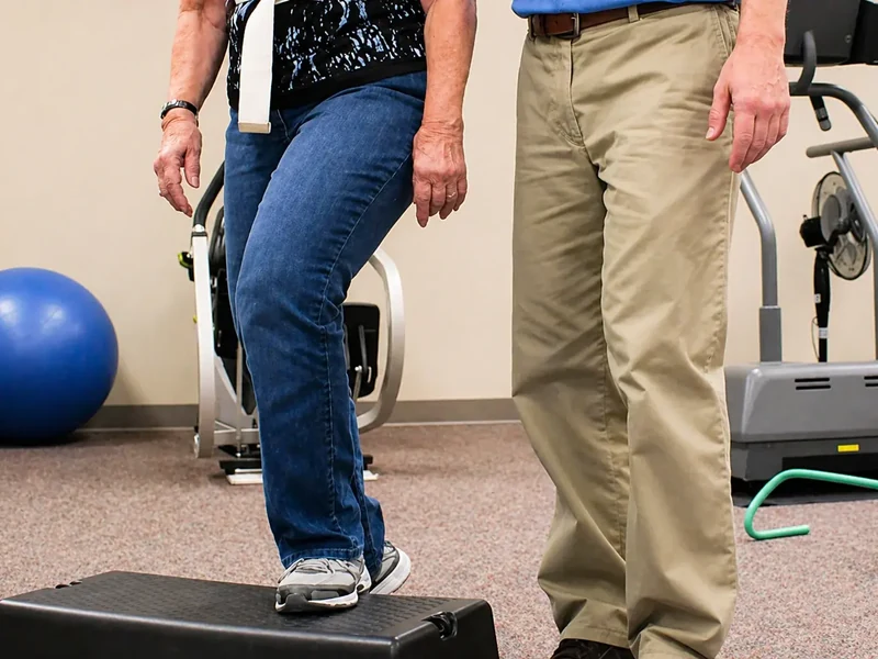 Physical therapist assessing a patient's balance and gait