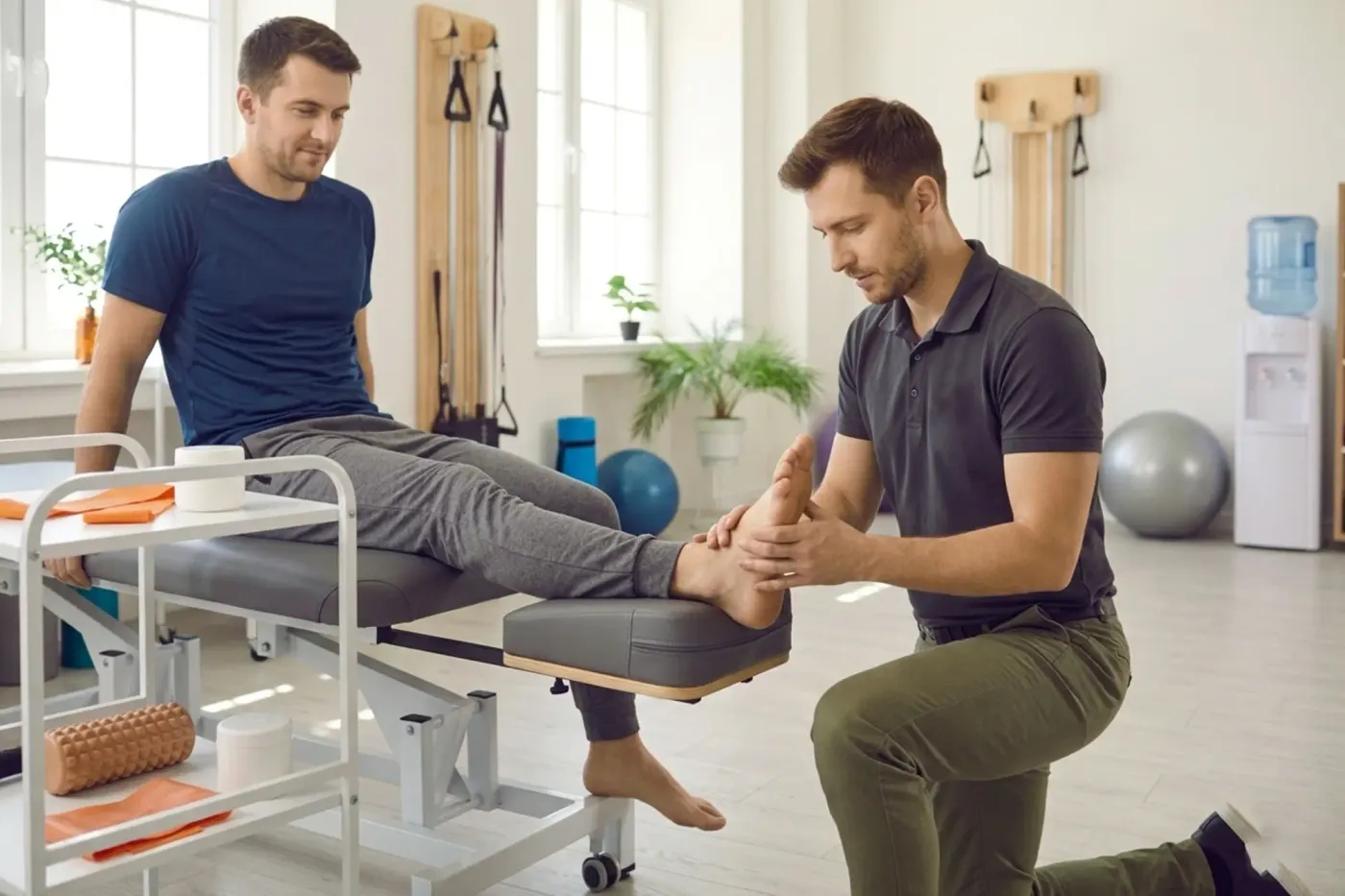 Therapist performing manual therapy on a patient's foot and ankle