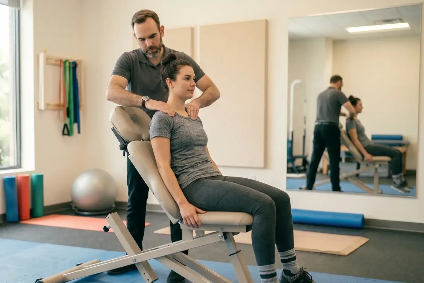 Therapist performing shoulder mobilization and rotator cuff strengthening