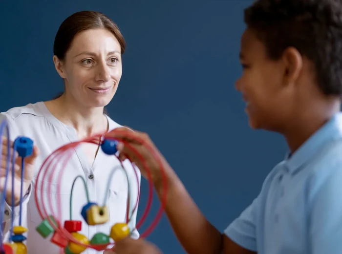 Therapist guiding a patient through vestibular gaze stabilisation